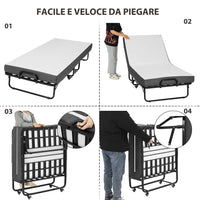 Letto Pieghevole in Metallo 90x200 cm con Materasso e Ruote Nero