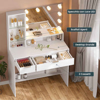 Toeletta con Specchio Illuminazione LED in 3 Colori e 2 Cassetti 4 Ripiani Bianco