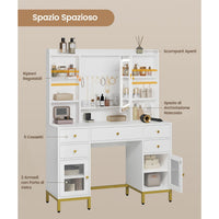 Toeletta con Specchio LED a Luminosità Regolabile Prese 5 Cassetti e Ripiani Regolabili Bianco