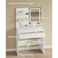 Toeletta con Specchio LED in 3 Colori e Ampio Cassetto e Ripiani Regolabili Bianco