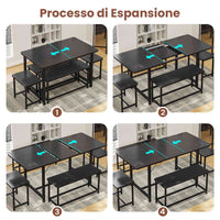Tavolo da Pranzo Allungabile con 2 Panche e 2 Sgabelli per 4-8 Persone Nero
