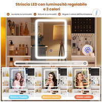 Toeletta con Specchio LED Regolabile in 3 Colori e Luminosità e 2 Cassetti Bianco