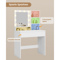 Toeletta con Specchio LED 1 Cassetto Grande con Ripiani Regolabile e 4 Scomparti Aperti Bianco