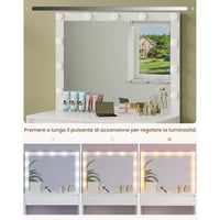 Toeletta con Grande Specchio e Illuminazione Regolabile e Cassetto con Divisori Regolabili Bianco