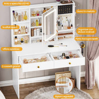 Toeletta con Specchio LED Regolabile in 3 Colori e Luminosità e 2 Cassetti Bianco