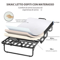 Letto Pieghevole in Metallo 90x200 cm con Materasso e Ruote Nero