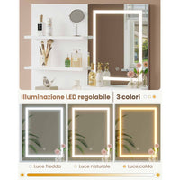 Toeletta con Specchio LED in 3 Colori e Ampio Cassetto e Ripiani Regolabili Bianco