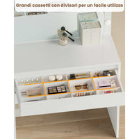 Toeletta con Grande Specchio e Illuminazione Regolabile e Cassetto con Divisori Regolabili Bianco