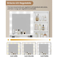 Toeletta con Specchio LED 1 Cassetto Grande con Ripiani Regolabile e 4 Scomparti Aperti Bianco