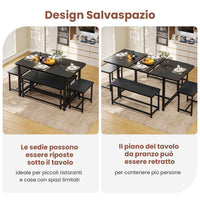 Tavolo da Pranzo Allungabile con 2 Panche e 2 Sgabelli per 4-8 Persone Nero