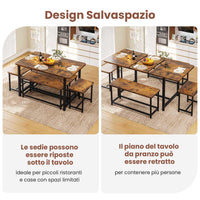 Tavolo da Pranzo Allungabile con 2 Panche e 2 Sgabelli per 4-8 Persone Marrone