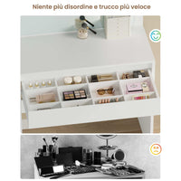 Toeletta con Grande Specchio e Illuminazione Regolabile e Cassetto con Divisori Regolabili Bianco