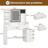 Toeletta con Specchio LED Regolabile in 3 Colori e Luminosità e 5 Cassetti 6 Ripiani Portaoggetti Bianco