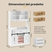 Armadio da Cucina con Multiprese Ripiani Regolabili 3 Cassetti Portabottiglie Estraibile 103,5x40x180 cm Bianco