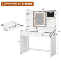 Toeletta con Specchio LED Regolabile in 3 Colori e Luminosità e 2 Cassetti Bianco