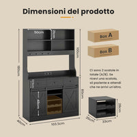 Armadio da Cucina con Multiprese Ripiani Regolabili 3 Cassetti Portabottiglie Estraibile 103,5x40x180 cm Nero