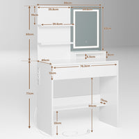 Toeletta con Specchio LED in 3 Colori e Ampio Cassetto e Ripiani Regolabili Bianco