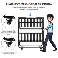 Letto Pieghevole in Metallo 90x200 cm con Materasso e Ruote Nero