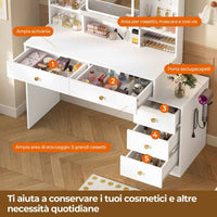 Toeletta con Specchio LED Regolabile in 3 Colori e Luminosità e 5 Cassetti 6 Ripiani Portaoggetti Bianco