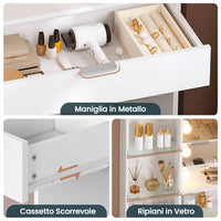 Toeletta con Specchio Illuminazione LED in 3 Colori e 2 Cassetti 4 Ripiani Bianco