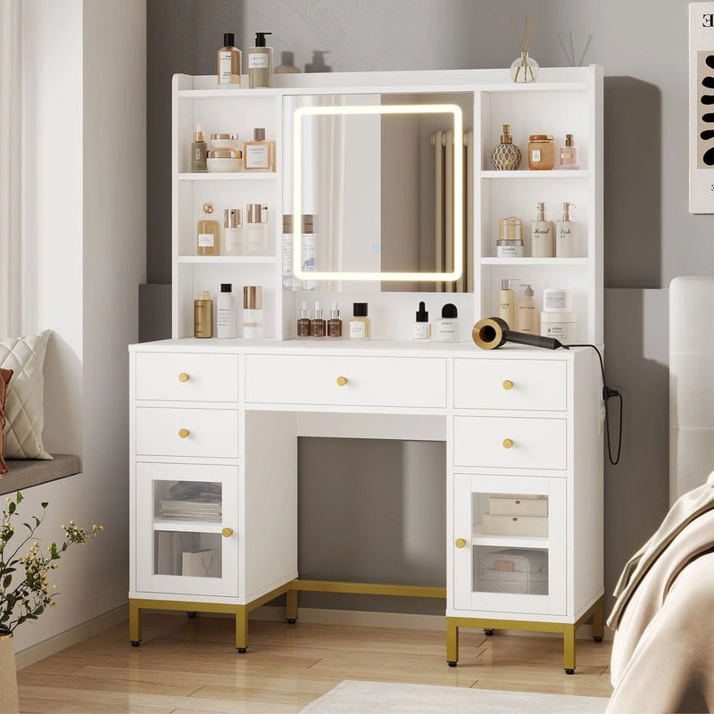 Toeletta con Specchio LED a Luminosità Regolabile Prese 5 Cassetti e Ripiani Regolabili Bianco
