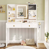 Toeletta con Specchio LED Regolabile in 3 Colori e Luminosità e 2 Cassetti Bianco