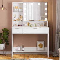 Toeletta con Specchio Illuminazione LED in 3 Colori e 2 Cassetti 4 Ripiani Bianco