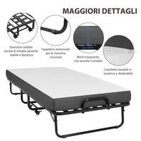 Letto Pieghevole in Metallo 90x200 cm con Materasso e Ruote Nero