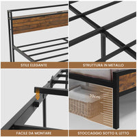 Struttura Letto in Metallo con Illuminazione LED 3 Porte USB e Testiera con Stoccaggio Marrone Vintage