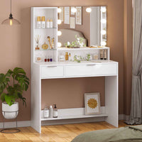 Toeletta con Specchio Illuminazione LED in 3 Colori e 2 Cassetti 4 Ripiani Bianco