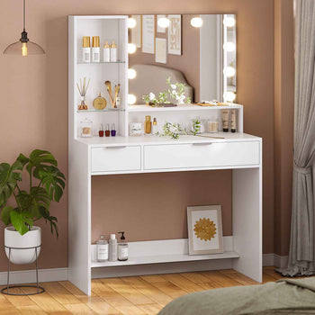 Toeletta con Specchio Illuminazione LED in 3 Colori e 2 Cassetti 4 Ripiani Bianco