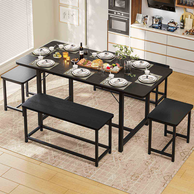 Tavolo da Pranzo Allungabile con 2 Panche e 2 Sgabelli per 4-8 Persone Nero