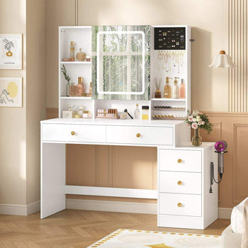 Toeletta con Specchio LED Regolabile in 3 Colori e Luminosità e 5 Cassetti 6 Ripiani Portaoggetti Bianco