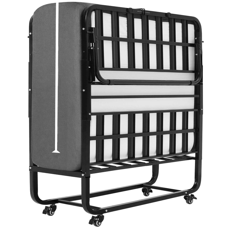 Letto Pieghevole in Metallo 90x200 cm con Materasso e Ruote Nero