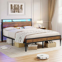 Struttura Letto in Metallo con Illuminazione LED 3 Porte USB e Testiera con Stoccaggio Marrone Vintage