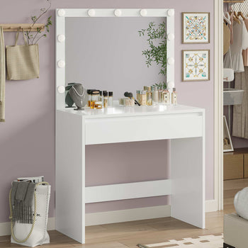 Toeletta con Grande Specchio e Illuminazione Regolabile e Cassetto con Divisori Regolabili Bianco