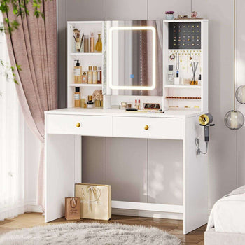 Toeletta con Specchio LED Regolabile in 3 Colori e Luminosità e 2 Cassetti Bianco