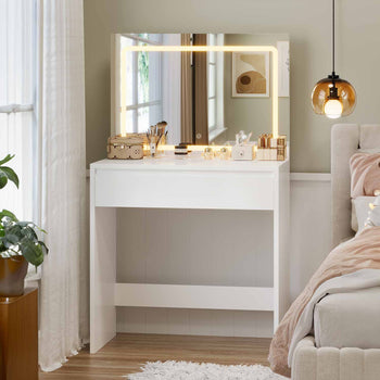 Toeletta con Specchio LED e 1 Cassetto Grande con Ripiani Regolabili Bianco