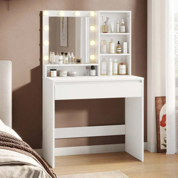 Toeletta con Specchio LED 1 Cassetto Grande con Ripiani Regolabile e 4 Scomparti Aperti Bianco