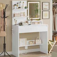 Toeletta con Specchio LED in 3 Colori e Ampio Cassetto e Ripiani Regolabili Bianco