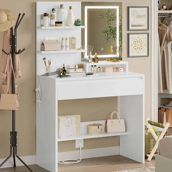 Toeletta con Specchio LED in 3 Colori e Ampio Cassetto e Ripiani Regolabili Bianco