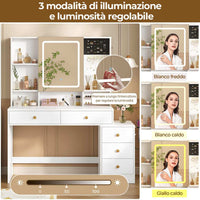 Toeletta con Specchio LED Regolabile in 3 Colori e Luminosità e 5 Cassetti 6 Ripiani Portaoggetti Bianco