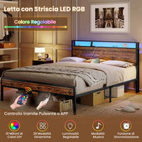 Struttura Letto in Metallo con Illuminazione LED 3 Porte USB e Testiera con Stoccaggio Marrone Vintage