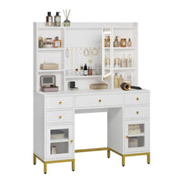 Toeletta con Specchio LED a Luminosità Regolabile Prese 5 Cassetti e Ripiani Regolabili Bianco