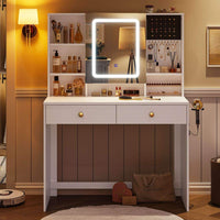 Toeletta con Specchio LED Regolabile in 3 Colori e Luminosità e 2 Cassetti Bianco