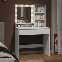 Toeletta con Specchio LED 1 Cassetto Grande con Ripiani Regolabile e 4 Scomparti Aperti Bianco