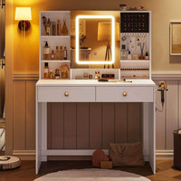 Toeletta con Specchio LED Regolabile in 3 Colori e Luminosità e 2 Cassetti Bianco