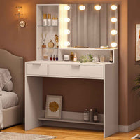 Toeletta con Specchio Illuminazione LED in 3 Colori e 2 Cassetti 4 Ripiani Bianco