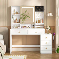 Toeletta con Specchio LED Regolabile in 3 Colori e Luminosità e 5 Cassetti 6 Ripiani Portaoggetti Bianco