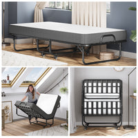 Letto Pieghevole in Metallo 90x200 cm con Materasso e Ruote Nero